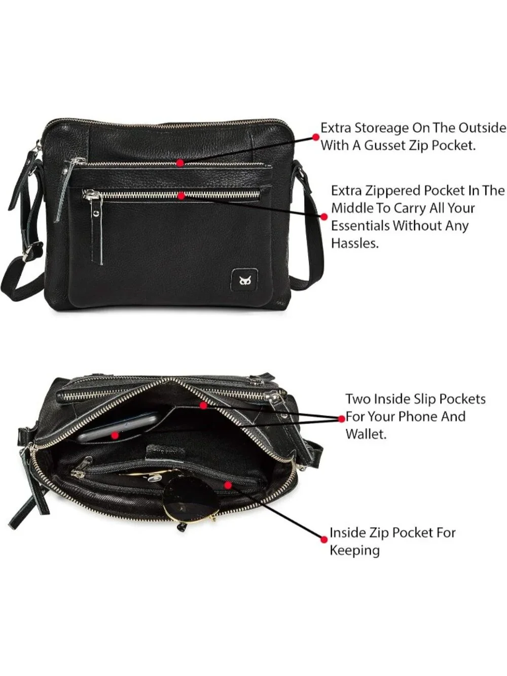 Women's Black Genuine Leather Sling Purse with Adjustable Strap Crossbody bags